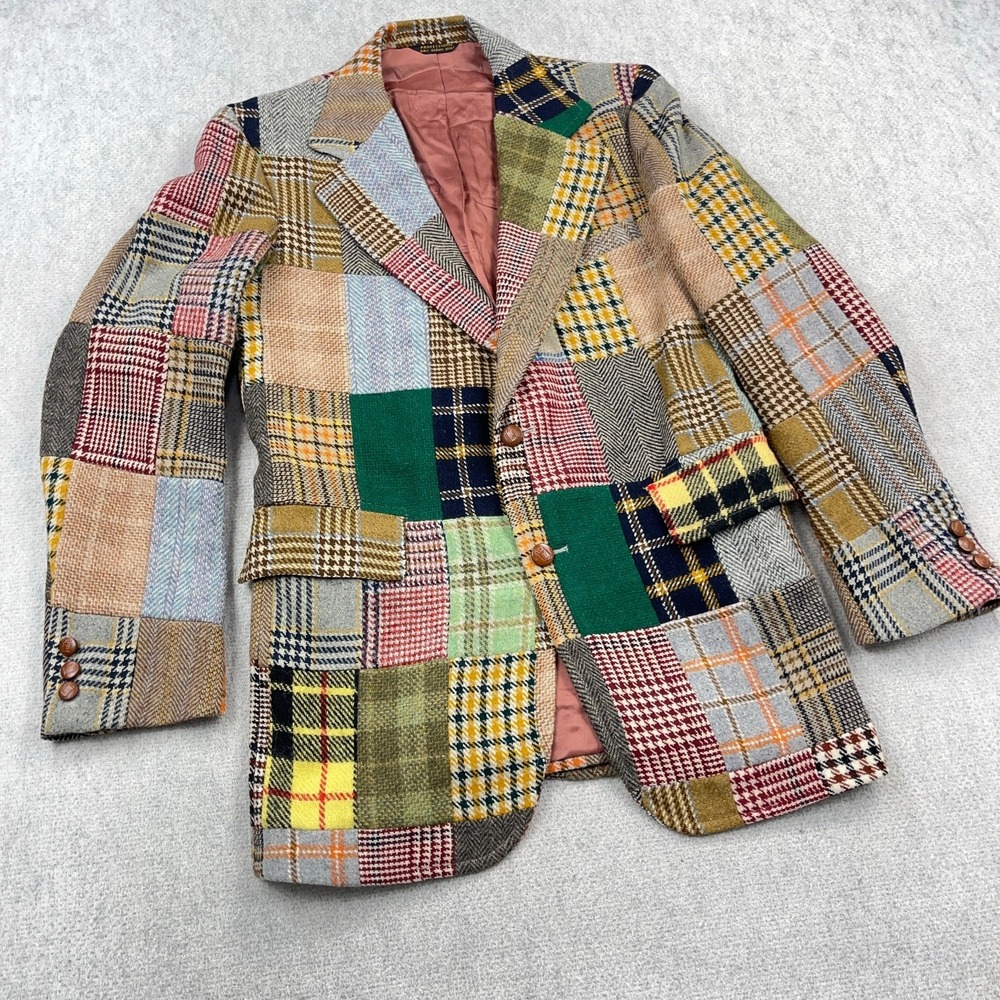 Vintage Wool Blazer Men Small Plaid Patchwork 70s 80s Sport Coat USA Made READ* - Picture 2 of 16